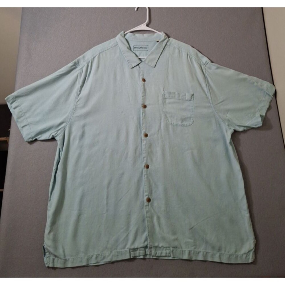 Tommy Bahama Camp Shirt 3XL Seafoam Green Silk Jacquard Palm Floral Aloha Hawaii